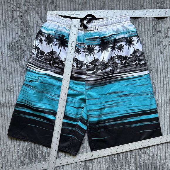Burnside Boys Swim Trunks Small Board Shorts Palm Tree Blue White Black Tropical - Picture 3 of 12